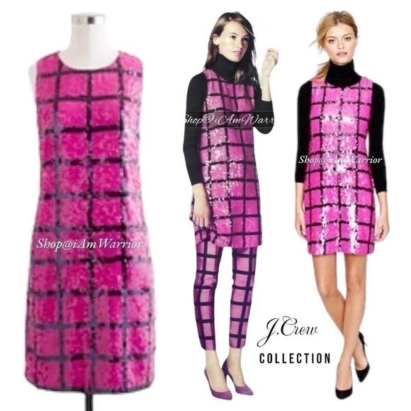 J.Crew Collection rare fuchsia pink & black windowpane sequin shift dress - Picture 2 of 13